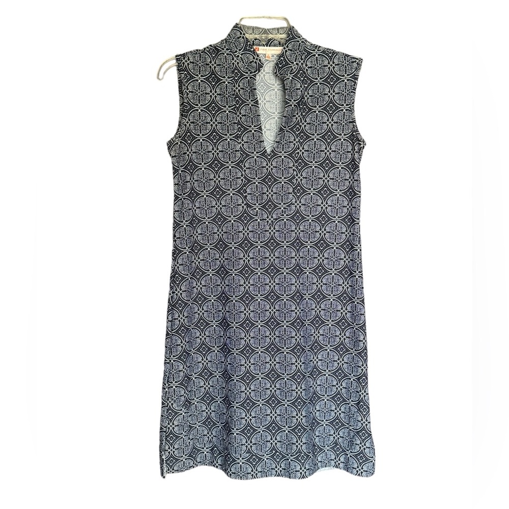 Jude Connally Blue Printed Dress V-Neck Sleeveless Mandarin Collar Size S